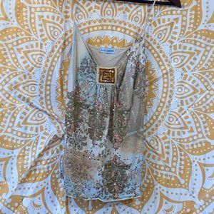 Body Central Spaghetti Strap Flowy Tank with Sequins and Beading V Neck Tie Back